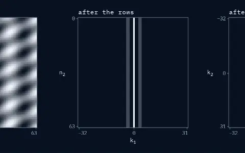 Three square panels of 64 by 64 pixels. Image: grey levels of a constant plus two gratings, upright stripes 4 times across and tilted stripes 3 times across and 6 times down. After the rows, bins k₁ from −32 to 31 across and rows down: a line down k₁ = 0 at 0.500, and fainter lines down k₁ = −4, −3, 3 and 4 at 0.125, the same in every row. After the columns, bins k₁ and k₂ from −32 to 31 with 0 in the centre: 5 dots, each ringed, 0.500 at the centre and 0.125 at (4, 0), (−4, 0), (3, 6) and (−3, −6); every other bin is 0.